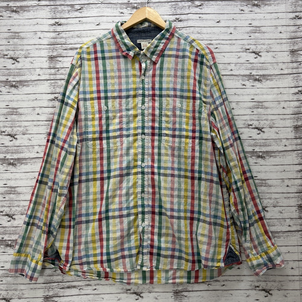 Carbon 2 Cobalt Linen Blend Button Up Shirt Mens XL Plaid Multicolor Long Sleeve